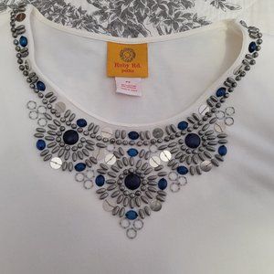 2/$12  Ruby Rd White 3/4 Sleeve Top w/Blue & Silver Bead Embellishments SP